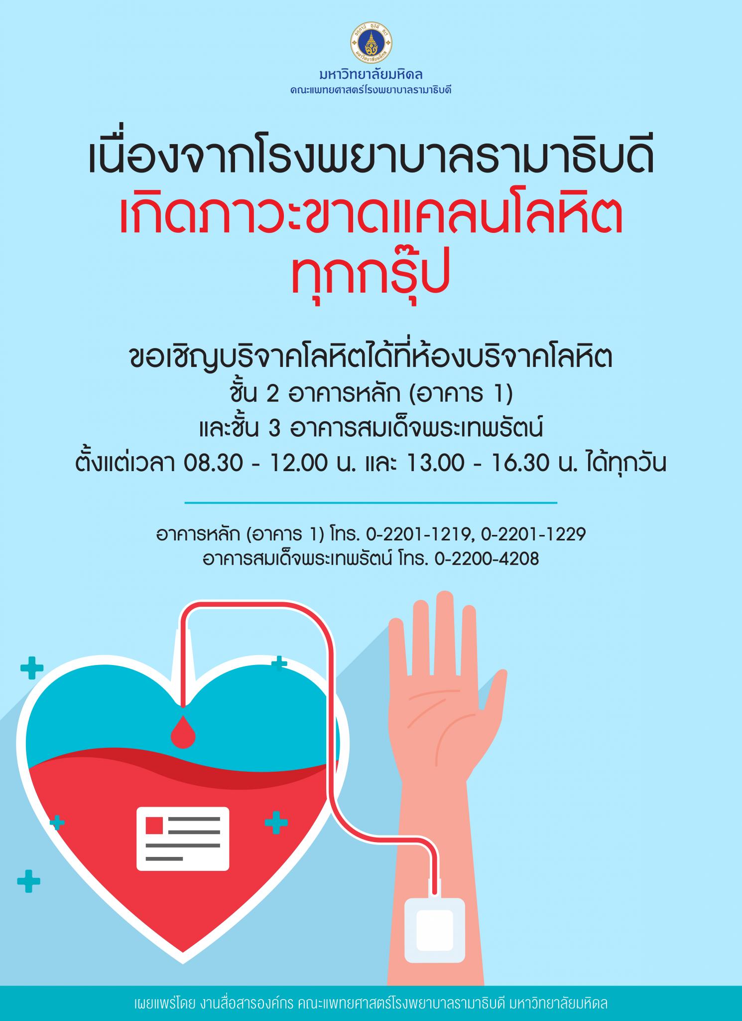 ม.มหิดล เชิญชวนบริจาคโลหิตช่วยเหลือผู้ป่วยโรคธาลัสซีเมีย เยียวยาวิกฤติขาดแคลนเลือด ในช่วง COVID-19 แพร่ระบาด