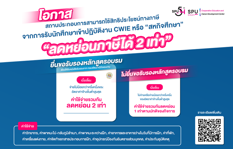 อย่าพลาดโอกาสดีๆ นี้! สถานประกอบการรับนักศึกษาฝึกงาน CWIE “สหกิจศึกษา” ลดหย่อนภาษีได้ 2 เท่า!