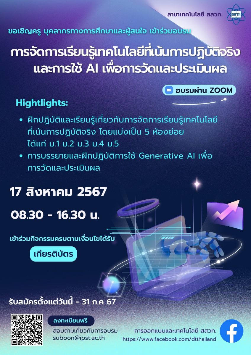 สสวท. เติมพลังครูออกแบบและเทคโนโลยี อบรมฟรี “จัดการเรียนรู้เทคโนโลยีที่เน้นปฏิบัติจริง และการใช้ AI เพื่อวัดและประเมินผล”