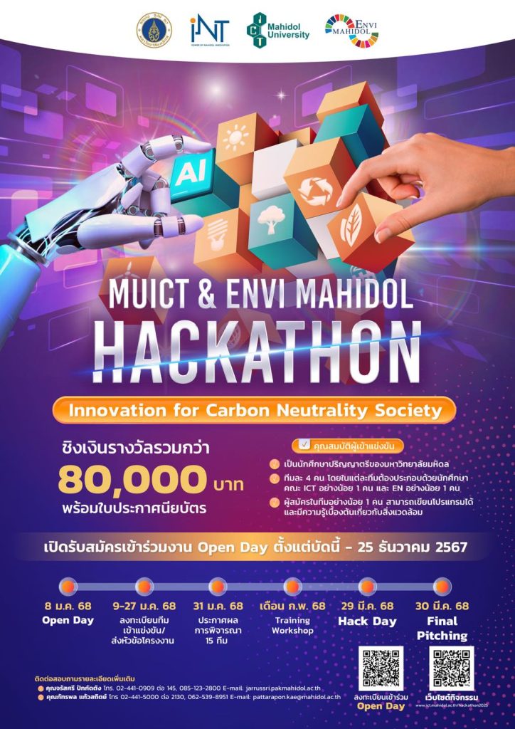 การแข่งขัน MUICT & ENVI Mahidol Hackathon 2025 ภายใต้หัวข้อ : Digital Innovation for Carbon Neutrality Society