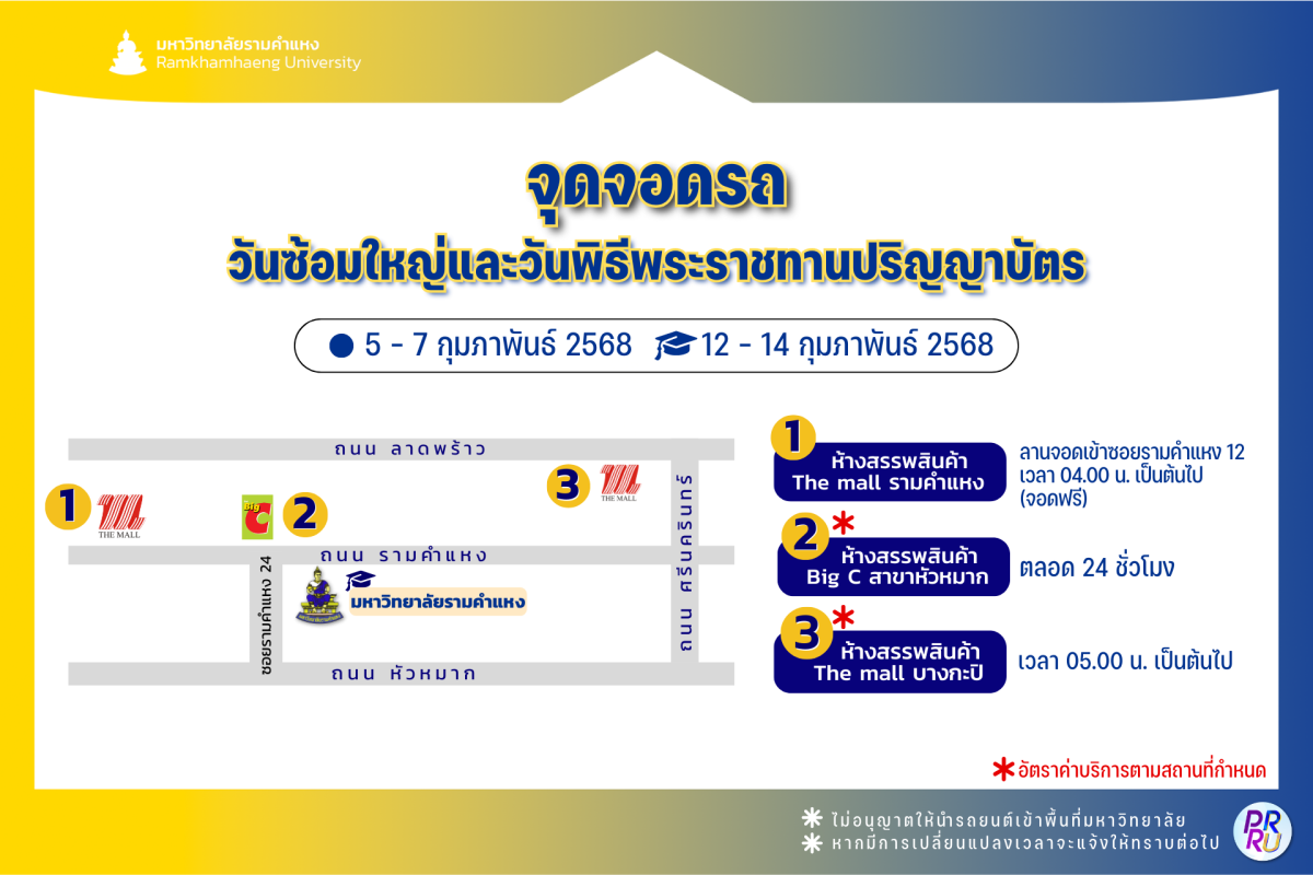 ม.รามคำแหง แจ้งหลีกเลี่ยงเส้นทางโดยรอบถนนรามคำแหง 5 – 7 , 12 -14 ก.พ. 2568 เนื่องจากมีพิธีพระราชทานปริญญาบัตร